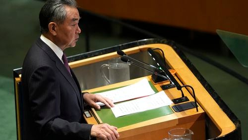 China's Minister for Foreign Affairs Wang Yi addresses the 79th session of the United Nations General Assembly, Saturday, Sept. 28, 2024. (AP Photo/Pamela Smith)