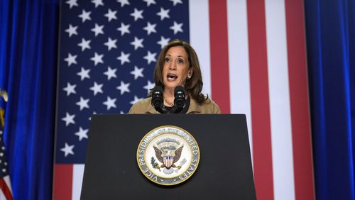 Democratic presidential nominee Vice President Kamala Harris speaks at Cochise College Douglas Campus in Douglas, Ariz., Friday, Sept. 27, 2024. (AP Photo/Carolyn Kaster)