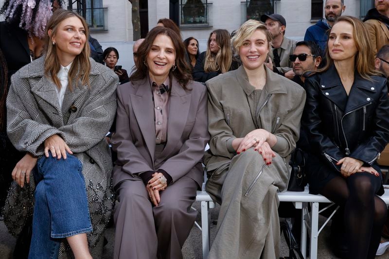 Maria Sharapova, from left, Juliette Binoche, Greta Gerwig, and Natalie Portman attend the Stella McCartney Spring/Summer 2025 collection presented Monday, Sept. 30, 2024, in Paris. (Photo by Vianney Le Caer/Invision/AP)