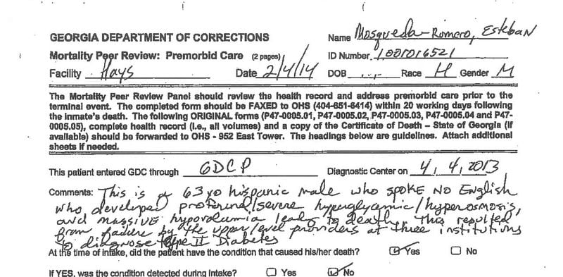 In a statement for a state mortality review panel, Dr. Monica Hill acknowledged that inmate Esteban Mosqueda-Romero died because she and other physicians in the state prison system failed to diagnose his diabetes. Mosqueda-Romero’s blood sugar when he entered the prison system was outside the normal range, but there was no follow-up to see if he had diabetes. He died nine months later due to diabetic ketoacidosis.