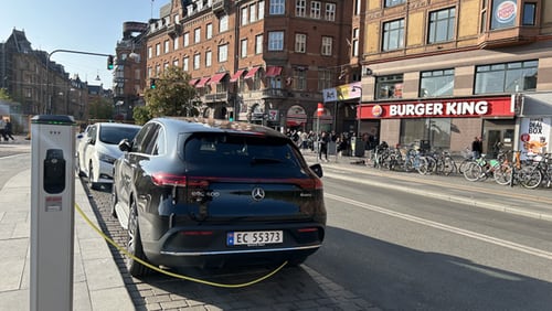 Taxi drivers charging their EVs on the streets of Copenhagen say it takes one hour for a full charge. They’ve noticed customers often ask for rides in electric vehicles. (Photo/Ralitsa Vassileva) 
.