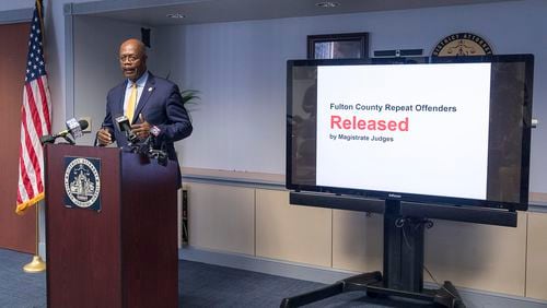 Fulton County District Attorney Paul L. Howard, Jr. speaks with members of the media about the problem of repeat offenders. (ALYSSA POINTER/ALYSSA.POINTER@AJC.COM)