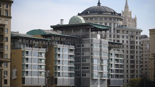 A view of the British Embassy building, centre, in Moscow, Russia, Friday, Sept. 13, 2024, with the Russian Foreign Ministry building in the right. (AP Photo)