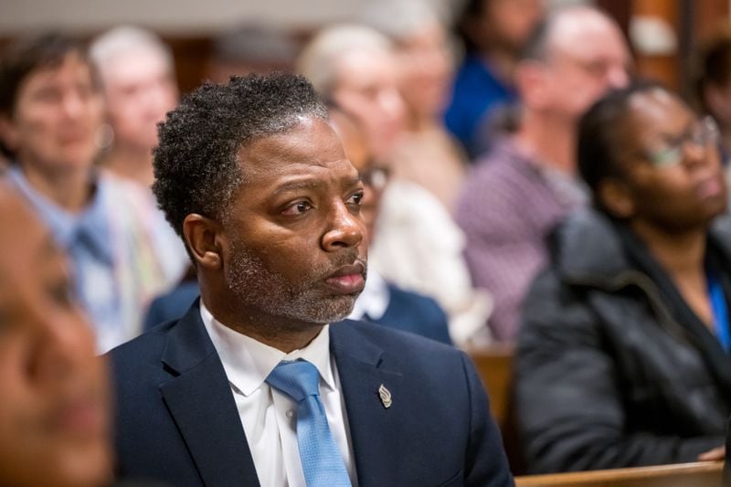 240306 MARIETTA, GA — Mableton Mayor Michael Owens listens to arguments during a lawsuit hearing challenging the legality of the ballot question put to voters in 2022 to create the city of Mableton, at Cobb County Superior Court in Marietta, Ga., on Wednesday, March 6, 2024. The new city was created and is in the process of transitioning services now, so if the court rules the city was created illegally, it could theoretically undo the city altogether. 
(Bita Honarvar for The Atlanta Journal-Constitution)