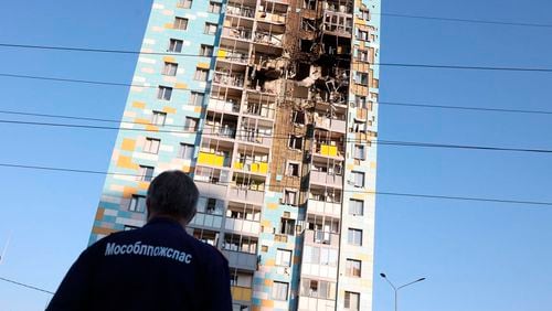 This photo released by Moscow Region Governor Andrei Vorobyev official telegram channel shows the site of the damaged multi-storey residential building following an alleged Ukrainian drone attack in Ramenskoye, outside Moscow, Moscow region, Russia, on Tuesday, Sept. 10, 2024. (Moscow Region Governor Andrei Vorobyev official telegram channel via AP)