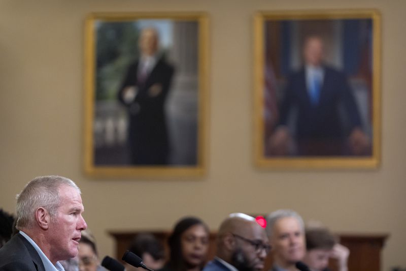 Former NFL quarterback Brett Favre appears before the House Committee on Ways and Means on Capitol Hill, Tuesday, Sept. 24, 2024, in Washington. (AP Photo/Mark Schiefelbein)