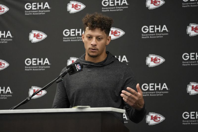 Kansas City Chiefs quarterback Patrick Mahomes speaks during a news conference following an NFL football game against the Los Angeles Chargers Sunday, Sept. 29, 2024, in Inglewood, Calif. The Chiefs won 17-10. (AP Photo/Ashley Landis)