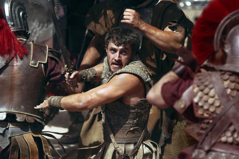 This image released by Paramount Pictures shows Paul Mescal in a scene from "Gladiator II." (Aidan Monaghan/Paramount Pictures via AP)