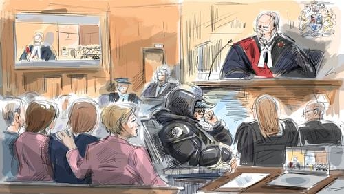 Therapist and survivor advocate Shannon Moroney, centre left to right, Peter Nygard, Nygard's lawyer Gerri Wiebe, Justice Robert Goldstein and Crown lawyer Neville Golwalla are seen in a courtroom sketch in Toronto, Monday, Sept. 9, 2024. A(lexandra Newbould/The Canadian Press via AP)