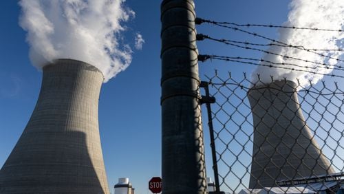 (L-R) Cooling towers for units 4 and 3 are seen at Plant Vogtle, operated by Georgia Power Co., in east Georgia's Burke County near Waynesboro, on Wednesday, May 29, 2024. (Arvin Temkar / AJC)