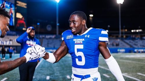 Georgia State Panthers cornerback Jyron Gilmore (5) following the conclusion of the NCAA game between the Georgia State Panthers and the Chattanooga Mocs on Saturday, September 7, 2024 at Center Parc Credit Union Stadium in Atlanta, GA. Gilmore came up with the game-saving interception to preserve the win. (Photo by Ivan Konon/Georgia State Athletics)