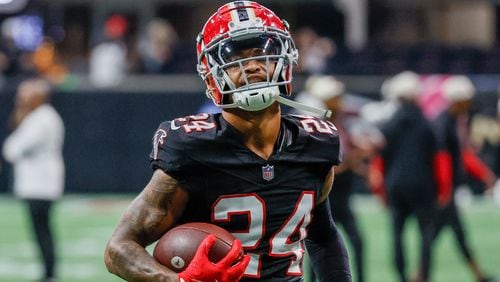 Atlanta Falcons cornerback A.J. Terrell (24)  works on a drill during warm-ups before the Falcons face the New Orleans Saints on Sunday, Sept. 29, at Mercedes-Benz Stadium in Atlanta. 
(Miguel Martinez/ AJC)