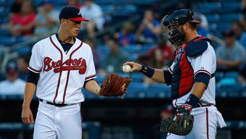 ATLANTA, GA - SEPTEMBER 17: A.J. Pierzynski #15 converses with Matt Wisler #37 of the Atlanta Braves in the first inning against the Toronto Blue Jays at Turner Field on September 17, 2015 in Atlanta, Georgia. (Photo by Kevin C. Cox/Getty Images)