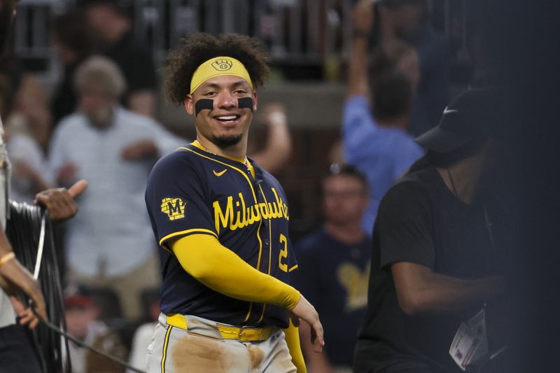 Milwaukee Brewers catcher William Contreras (24) reacts after their win against the Atlanta Braves at Truist Park, Tuesday, August 6, 2024, in Atlanta. (Jason Getz / AJC)
