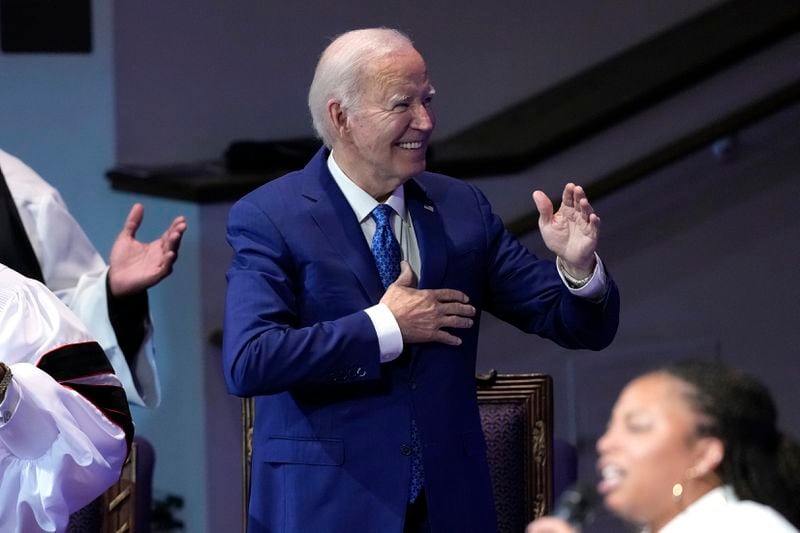 President Joe Biden attends a church service at Mt. Airy Church of God in Christ, Sunday, July 7, 2024, in Philadelphia (AP Photo/Manuel Balce Ceneta)