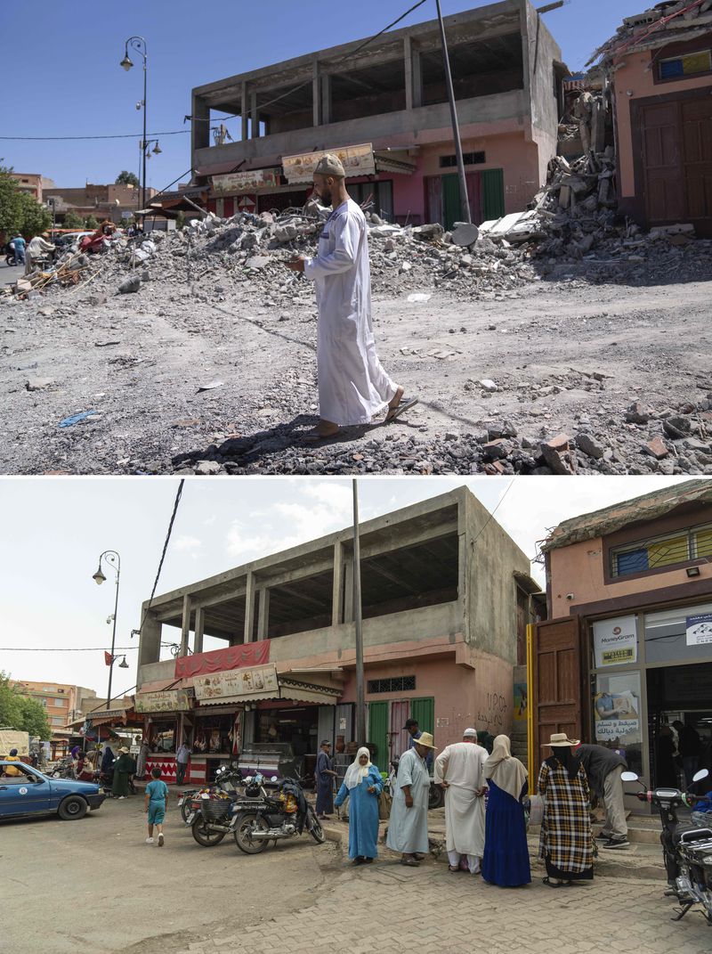 In this combination of photos, a man walks on a damaged road after an earthquake in the town of Amizmiz, Morocco, outside Marrakech, Sept. 10, 2023, and people shopping for food at the same area on Sept. 4, 2024. (AP Photo/Mosa'ab Elshamy)