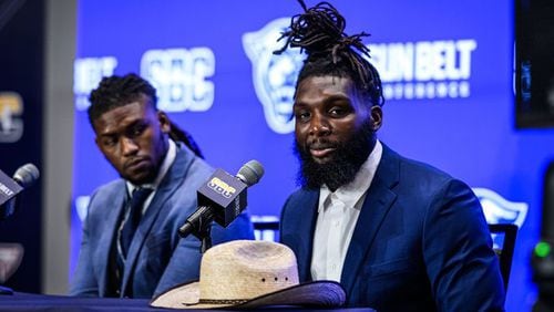 Georgia State linebackers Kevin Swint (left) and Justin Abraham (right) take part in the Sun Belt Conference football media days in New Orleans on July 23, 2024. (Photo courtesy of the Sun Belt Conference)