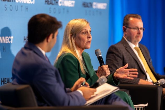 Georgia first lady Marty Kemp speaks on a mental health panel at the Health Connect South conference at the Georgia Aquarium in Atlanta on Wednesday, Sept. 18, 2024. (Arvin Temkar/AJC)