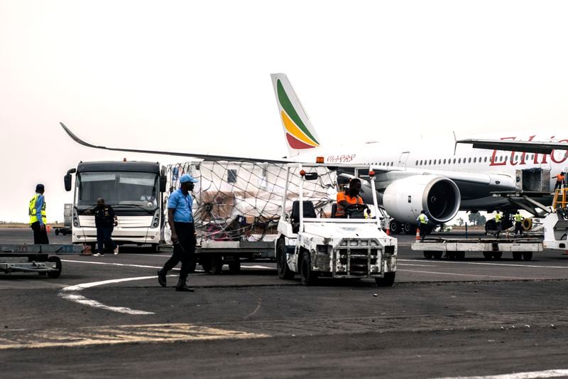 Mpox vaccine MVA-BN vaccine, manufactured by the Danish company Bavarian Nordic, are offloaded from a plane in Kinshasa, Congo, Thursday, Sept. 5, 2024. (AP Photo/Samy Ntumba Shambuyi)