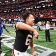 Atlanta Falcons kicker Younghoe Koo reacts as he leaves the field after kicking the game-winning 58-yard field goal with seconds left in a 26-24 win over the New Orleans Saints on Sunday, Sept. 29, at Mercedes-Benz Stadium in Atlanta. 

(Miguel Martinez/ AJC)