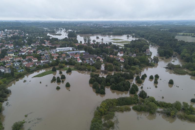 A view of the southern Görlitz district of Weinhübel and the Neiße river overflowing its banks, in Germany, Monday, Sept. 16, 2024. (Paul Glaser/dpa via AP)