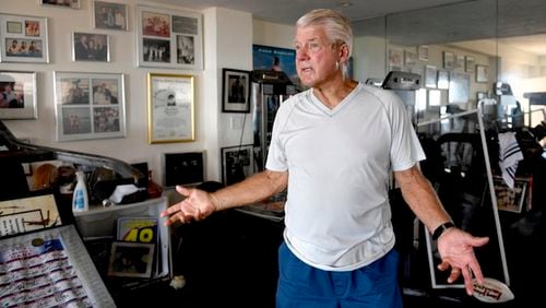 Former Miami Dolphins and University of Miami football coach Jimmy Johnson stands in his memorabilia room, stunned, on September 14, 2017, in Tavernier, Fla., after Hurricane Irma destroyed the home. (Taimy Alvarez/Sun Sentinel/TNS)