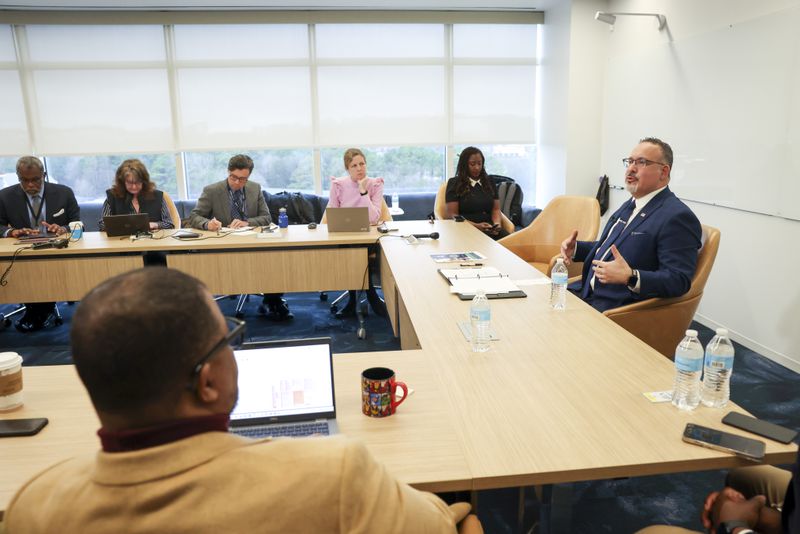 U.S. Secretary of Education Miguel Cardona discussed an array of topics with AJC reporters and editors at Cox Headquarters, Tuesday, Jan. 16, 2024, in Atlanta. (Jason Getz / Jason.Getz@ajc.com)