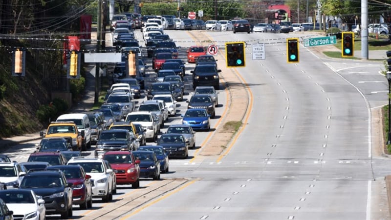 April 1, 2017 Atlanta - Traffic stacks up on Piedmont Road heading towards I-85 southbound near the site of the bridge collapse on Saturday, April 1, 2017. Necessary work is continuing on the damaged sections of I-85 bridge structures. This includes demolition of the existing failed and damaged structures - which includes two 350-foot sections of interstate, one section each in both the northbound and southbound lanes, totaling approximately 700 feet - as well as all reconstruction activities. HYOSUB SHIN / HSHIN@AJC.COM