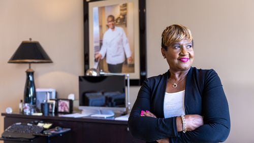 Jonnetta Patton, owner of J’s Smokehouse and mother of singer Usher, poses for a portrait in her office in Atlanta on Wednesday, August 28, 2024. (Arvin Temkar / AJC)