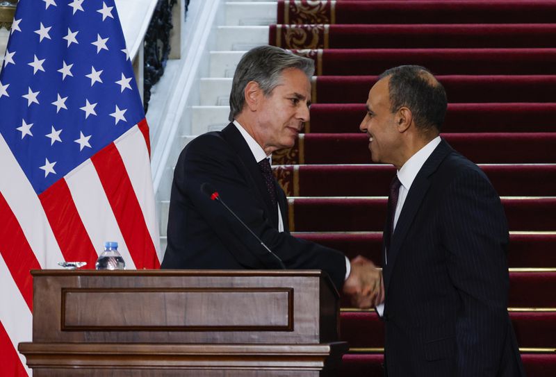 U.S. Secretary of State Antony Blinken shakes hands with Egypt's Foreign Minister Badr Abdelatty during a joint press conference in Tahrir Palace in Cairo, Egypt Wednesday, Sept. 18, 2024. (Evelyn Hockstein/Pool Photo via AP)