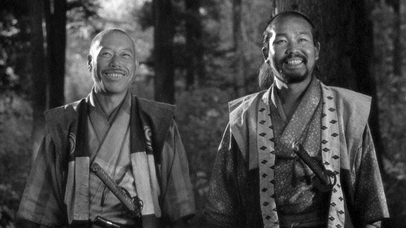 This image released by Janus Films shows Takashi Shimura, left, and Yoshio Inaba in a scene from the 1954 film "Seven Samurai." (Janus Films via AP)