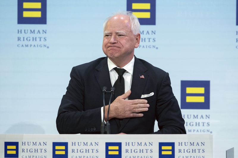 Democratic vice presidential candidate Minnesota Gov. Tim Walz speaks during the Human Rights Campaign (HRC) National Dinner at Walter E. Washington Convention Center in Washington, Saturday, Sept. 7, 2024. (AP Photo/Jose Luis Magana)