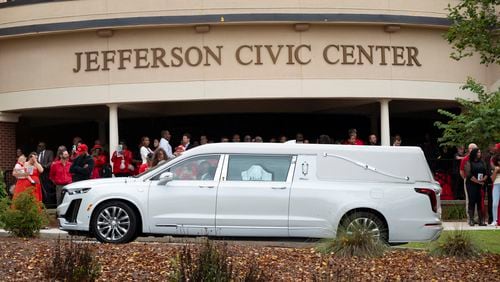 The hearse arrives at the Jefferson Civic Center for the funeral of Mason Alexander Schermerhorn on Saturday, Sept. 14, 2024.   Ben Gray for the Atlanta Journal-Constitution