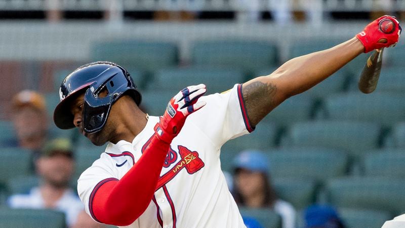 Atlanta Braves' Jorge Soler swings for a called strike in the third inning of a make-up baseball game against the Cincinnati Reds, Monday, Sept. 9, 2024, in Atlanta. (AP Photo/Jason Allen)