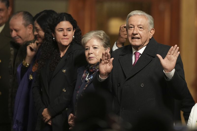 Mexican President Andres Manuel Lopez Obrador holds his last morning press conference, "La Mañanera," at the National Palace in Mexico City, Monday, Sept. 30, 2024. (AP Photo/Fernando Llano)