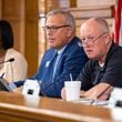 State Election Board member Janelle King, from left, executive director Mike Coan, and board member Rick Jeffares appear at a hastily planned State Election Board meeting Friday, July 12, 2024, at the Geoergia Capitol in Atlanta.(Arvin Temkar / AJC)