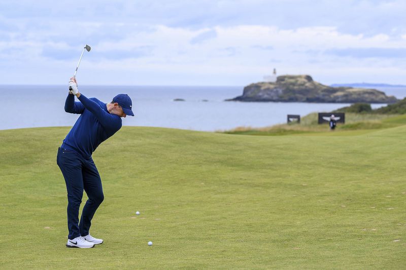 Rory McIlroy on the 13th hole on day one of the Scottish Open at The Renaissance Club, North Berwick, Scotland, Thursday July 11, 2024. (Malcolm Mackenzie/PA via AP)