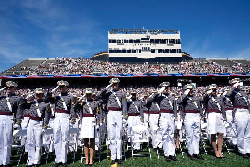 Graduating cadets stand during the playing of the national anthem at the U.S. Military Academy commencement ceremony, Saturday, May 25, 2024, in West Point, N.Y. (AP Photo/Alex Brandon)