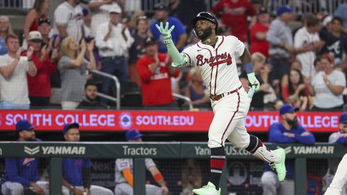 Atlanta Braves outfielder Michael Harris II (23) reacts after hitting a solo home run during the fourth inning against the New York Mets at Truist Park, Tuesday, Sept. 24, 2024, in Atlanta. (Jason Getz / AJC)

