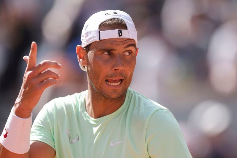 Spain's Rafael Nadal reacts during a training session at the Roland Garros stadium, Saturday, May 25, 2024 in Paris. The French Open tennis tournament starts Sunday May 26, 2024. (AP Photo/Jean-Francois Badias)