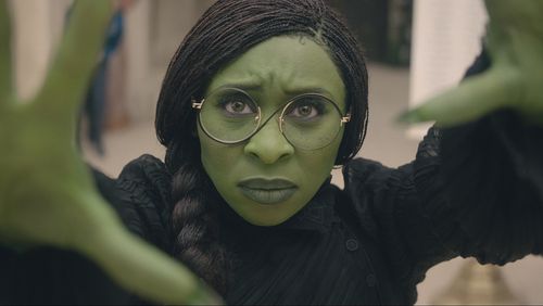 This image released by Universal Pictures shows Cynthia Erivo as Elphaba in the film "Wicked." (Universal Pictures via AP)