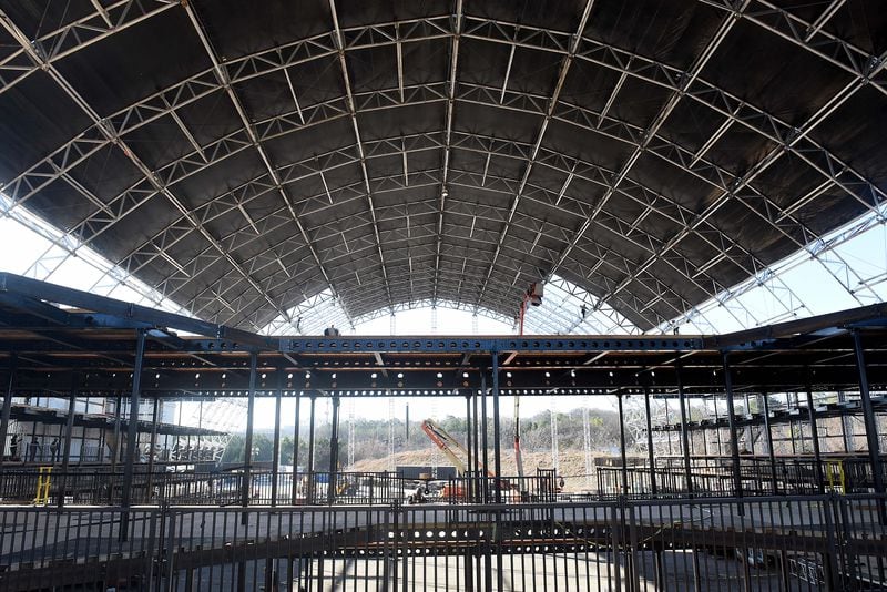 Inside the temporary venue built for the DirecTV Super Saturday Night concert on Feb. 2, 2019 with Foo Fighters and Run the Jewels. RYON HORNE / RHORNE@AJC.COM