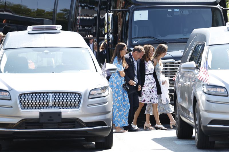 Family arrive for the funeral services for Columbus Blue Jackets hockey player John Gaudreau and Matthew Gaudreau at Saint Mary Magdalen Church in Media, Pa., Monday, Sept. 9, 2024. (Yong Kim/The Philadelphia Inquirer via AP)