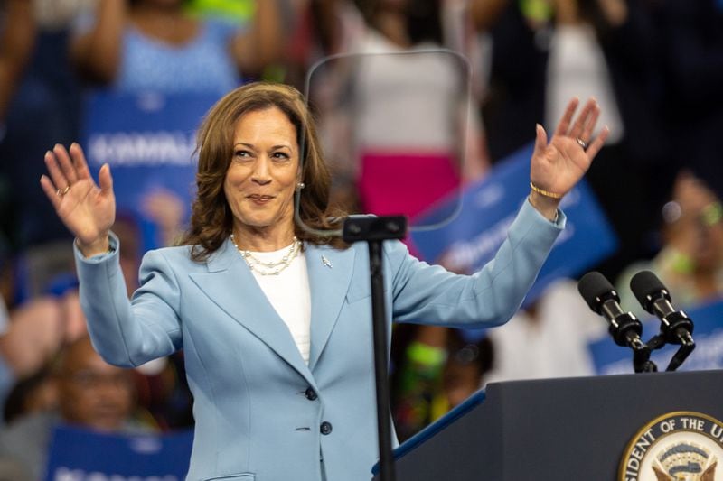 Vice President Kamala Harris used her rally Tuesday to call on former President Donald Trump to debate. “Donald, I do hope you’ll reconsider, to meet me on the debate stage,” Harris said. “Because as the saying goes, if you got something to say, say it to my face.” (Arvin Temkar / AJC)