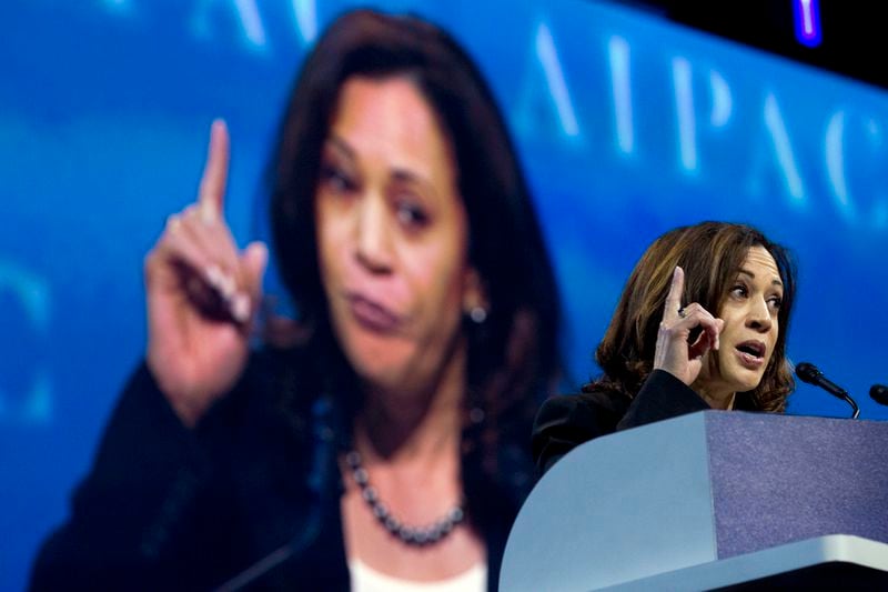 FILE - Sen. Kamala Harris D-Calif. speaks at the 2017 American Israel Public Affairs Committee (AIPAC) Policy Conference, Tuesday, March 28, 2017, at the Washington Convention Center in Washington. (AP Photo/Jose Luis Magana, File)