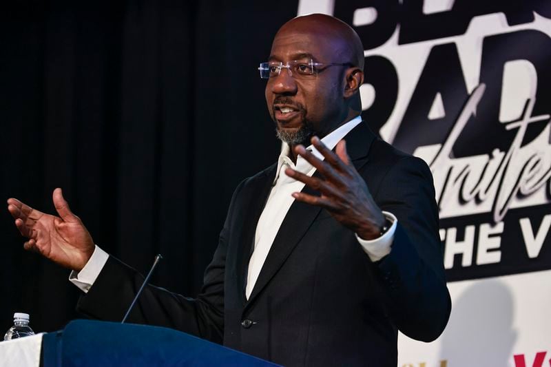 U.S. Senator Raphael Warnock speaks at the Black Radio Town Hall at Clark Atlanta University on Oct. 4, 2022. (Natrice Miller / AJC)  