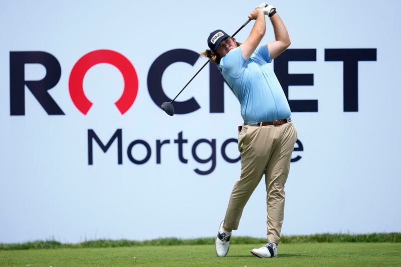 Neal Shipley hits off the 10th tee during the first round of the Rocket Mortgage Classic golf tournament at Detroit Country Club, Thursday, June 27, 2024, in Detroit. (AP Photo/Paul Sancya)