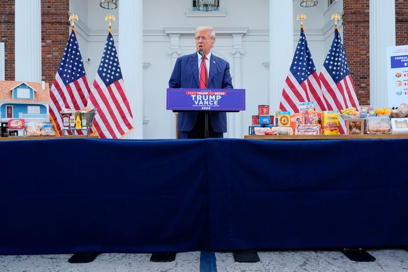 Republican presidential nominee former President Donald Trump speaks at a news conference at Trump National Golf Club, Thursday, Aug. 15, 2024, in Bedminster, N.J. (AP Photo/Julia Nikhinson)