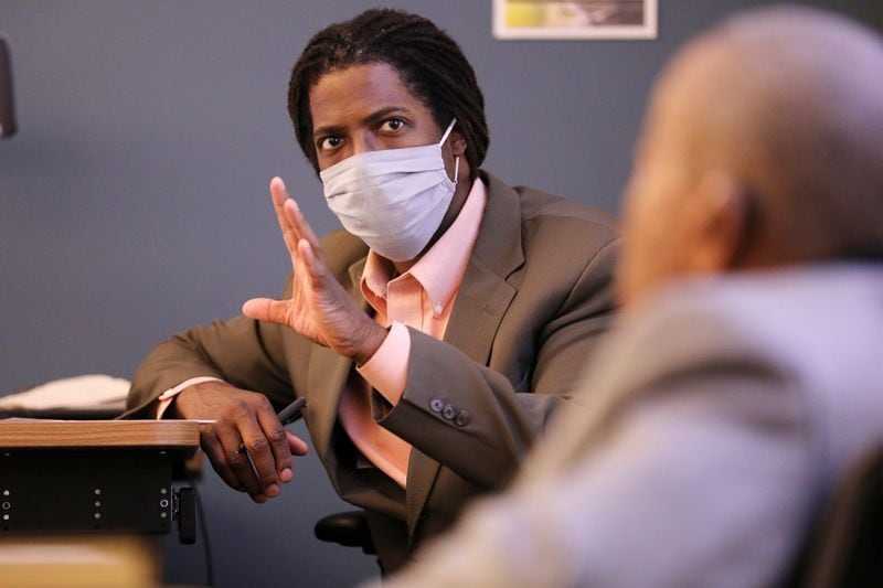 Seneca Vaught, associate professor of history and interdisciplinary studies at Kennesaw State University, interacts with his guest speaker during his class on Nov. 9, 2021. The 98-year-old Albert Campbell William Jr shared story of his life as a black man in the United States. T