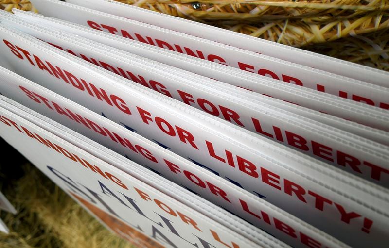 Republican political signs are displayed at the Niobrara County Fair in Lusk, Wyo., on July 31, 2024. (AP Photo/Thomas Peipert)